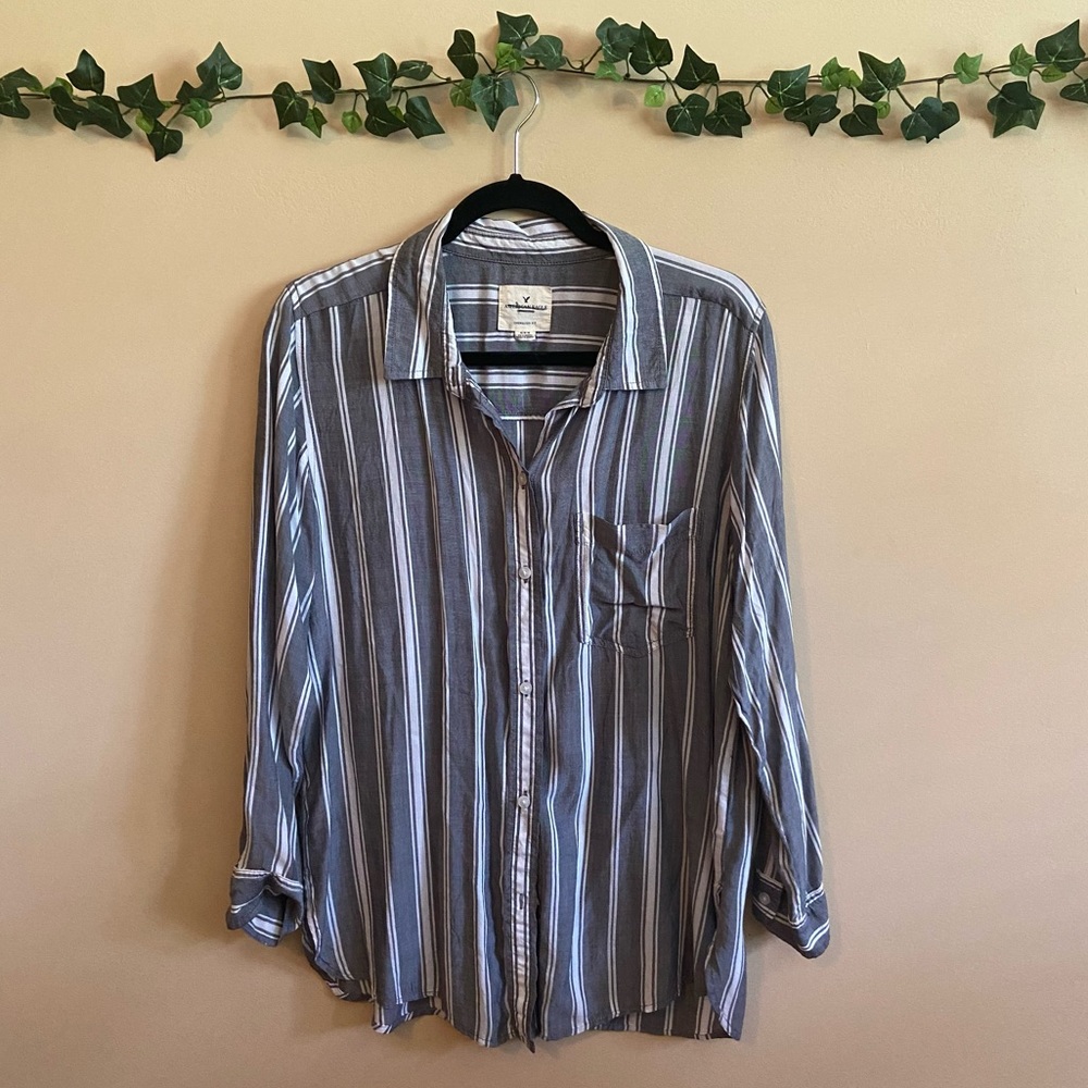 American Eagle Oversized Grey Striped Button Down